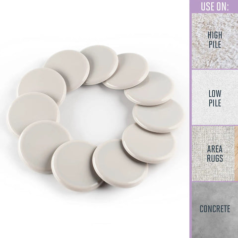 Medium Round Reusable Carpet Furniture Sliders Set Of Sixteen Three And A Half Inch Anti Slip Moving Pads For Beds Sofas Dressers Easy Glide And Carpet Protection Beige displayed in a circle with usage options on side, including high pile, low pile, area rugs, and concrete.