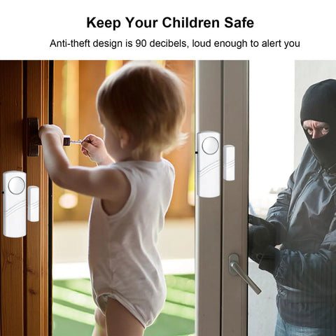 Child near door with Loud Wireless Door And Window Alarm Pack Easy Install Magnetic Sensor Burglar Alarm System For Home Office Kids Safety