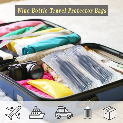 Wine Bottle Travel Protector Bags Set With Pump 10 Inflatable Air Column Cushions in a suitcase for travel