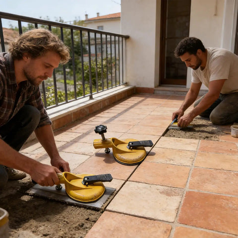 Two workers using a Floor Gap Fixer Tool For Tile And Stone Installations, Fast Leveling With A Strong Suction Cup on a patio.