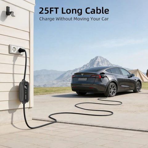 No Sweat Level 2 And Level 1 Portable EV Charger With Nacs Connector For Tesla Model Y X 3 S Cybertruck, 25FT cable in use.