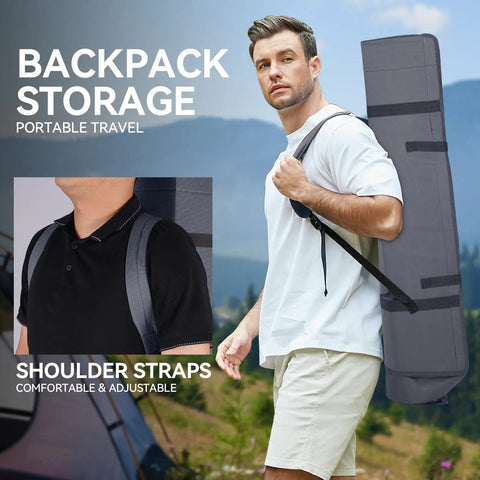 Man carrying Grab And Go Camping Chair With Canopy Shade And UPF Fifty Plus Protection in backpack storage