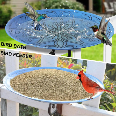 Deck Mounted Bird Bath Bowl For Garden Yard Decor Heavy Duty Solid Metal 12 Inch Rust Proof Water Basin featuring birds.