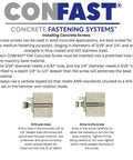 Diagram showing installation of Heavy Duty Concrete Screw Anchor Kit With Drill Bit For Masonry Brick Or Block 3/16 X 1-1/4 Inches Self-Tapping Diamond Point Slotted Hex Head Drives Easy With A Nut Driver 100 Per Box CONFAST.