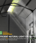 Interior view of 6x6 Ft Plastic Outdoor Storage Shed With Transparent Roof, showing natural light and organized garden tools inside.
