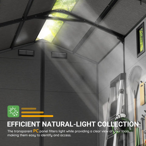 Interior view of 6x6 Ft Plastic Outdoor Storage Shed With Transparent Roof, showing natural light and organized garden tools inside.
