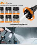 6-in-1 nozzle for Go To Battery Powered Cordless Pressure Washer with ultra portable handheld design, dual power levels, and foam cannon