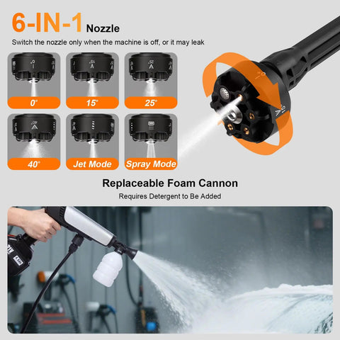 6-in-1 nozzle for Go To Battery Powered Cordless Pressure Washer with ultra portable handheld design, dual power levels, and foam cannon
