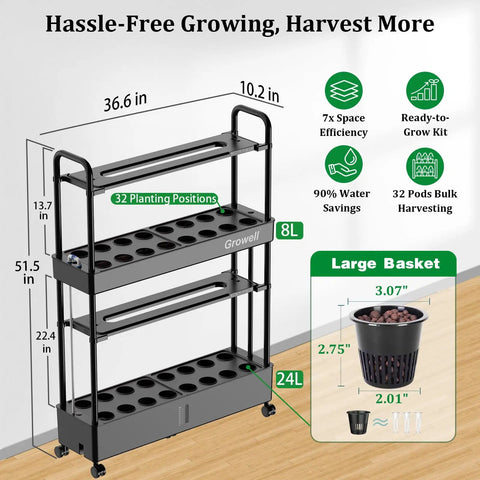 Two-Tier Vertical Hydroponics Garden Kit With 32 Pods And 32 Large Buckets 32L Indoor System dimensions and features diagram.