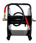 Front view of Beefy Heavy Duty Portable Hose Reel For 5000 PSI High Pressure Power Washers And Sewer Jetters with steel frame
