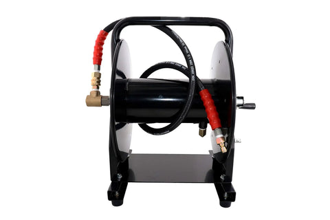 Front view of Beefy Heavy Duty Portable Hose Reel For 5000 PSI High Pressure Power Washers And Sewer Jetters with steel frame