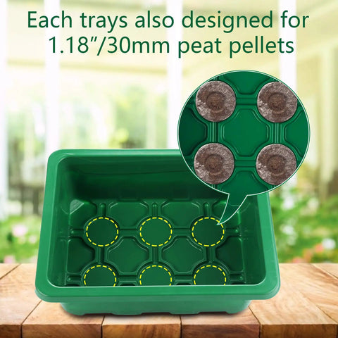 Close-up of 12 Pack Seed Starter Trays With 144 Cells Humidity Adjustable Dome Kit showing peat pellet placement.
