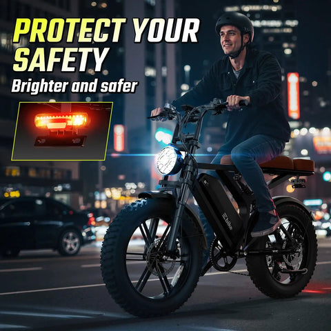 Person riding Beast 1500W Peak Electric Bike For Adults With Fat Tire 20 Inch Wheels, 70 Mile Range, at night in city