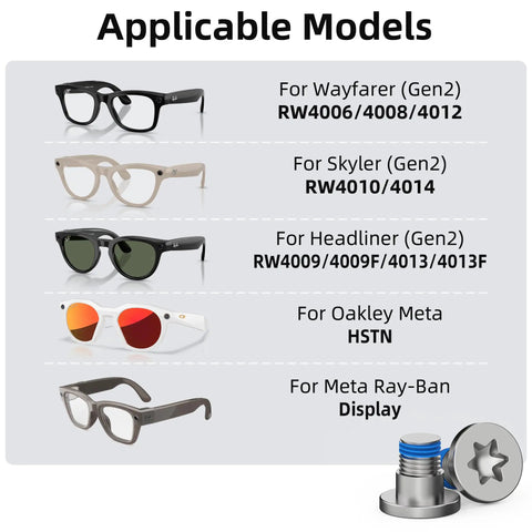 Image showing compatible models for 1 Piece Screwdriver And 10 Piece Screw Set For Ray Ban Meta Wayfarer Skyler Headliner Gen 2 And Oakley Meta HSTN Smart Glasses Temple Screws Replacement Kit Quick Fix For Loose Temples.