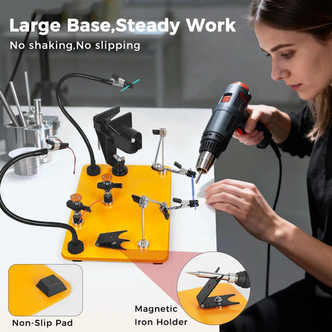 All-In-One Helping Hands Soldering Station with 5X Magnifying Lamp, magnetic flexible arms, and 360-degree soldering clamps in use
