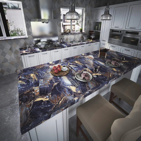 Black Marble Peel And Stick Contact Paper With Gold Veins Removable Matte Finish on kitchen island countertop.