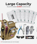 Fishing Tackle Backpack With Rod And Gear Holder For All Day Outdoor Use Lightweight Water Resistant Shoulder Bag With Rain Cover And Multiple Compartments For Bait Gear And Tackle Khaki shown with tackle boxes and tools