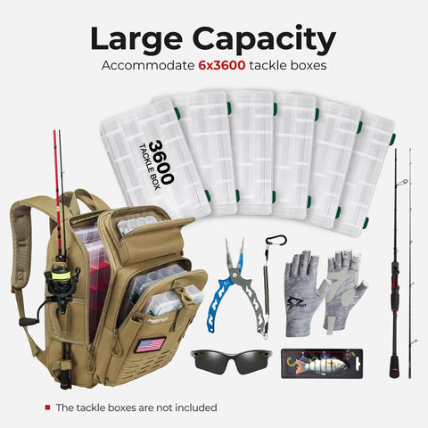 Fishing Tackle Backpack With Rod And Gear Holder For All Day Outdoor Use Lightweight Water Resistant Shoulder Bag With Rain Cover And Multiple Compartments For Bait Gear And Tackle Khaki shown with tackle boxes and tools
