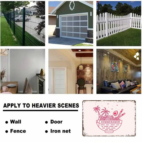 Collage showing areas for installing Funny Vintage Metal Sign Summer Ramen 2 Tin Wall Art: walls, doors, fences, kitchens, lounges.