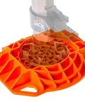 Beefy Heavy Duty Jack Base For Off Road Jacks, 15,400 Lb Load Capacity, Low Profile HDPE Construction, High Visibility Orange base in use