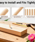 Wood Dowel Pins Kit, 90 Pieces, Imperial Diameters 1/4 Inch, 5/16 Inch, 3/8 Inch Wood Dowels For DIY Furniture Repair And Woodworking Projects displayed on wooden surface with tools.