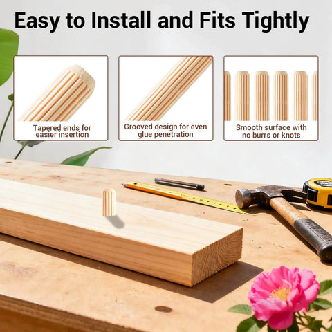 Wood Dowel Pins Kit, 90 Pieces, Imperial Diameters 1/4 Inch, 5/16 Inch, 3/8 Inch Wood Dowels For DIY Furniture Repair And Woodworking Projects displayed on wooden surface with tools.