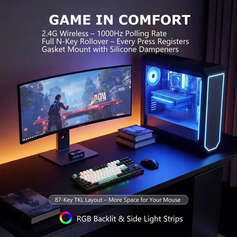 Slick 87 Key Gasket Mount Tenkeyless Mechanical Keyboard featuring Hot Swappable Switches and Full Spectrum RGB Illumination on a desk.