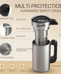 Built-In Filter 304 Stainless Steel Almond Milk Maker With 50oz Capacity, 6-7 Cups Per Batch, 8 In 1 Blender, safety features displayed.