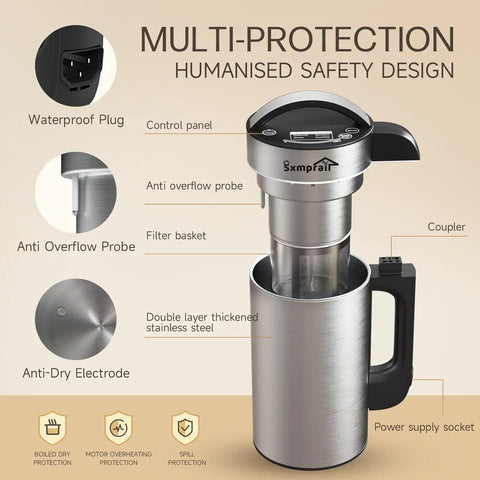 Built-In Filter 304 Stainless Steel Almond Milk Maker With 50oz Capacity, 6-7 Cups Per Batch, 8 In 1 Blender, safety features displayed.