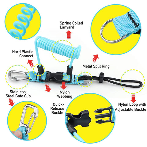 Scuba Diving Coil Lanyard With Spring Loaded Gate Clip, Stainless Steel, Quick Release Buckle, TPU Coated, 95 Centimeter Extension