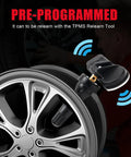 No Drama Installation 433 Mhz Tire Pressure Monitoring Sensors 4 Pack Preprogrammed Setup For Hyundai Kia Genesis on a silver wheel.