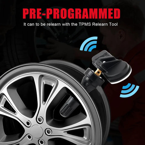 No Drama Installation 433 Mhz Tire Pressure Monitoring Sensors 4 Pack Preprogrammed Setup For Hyundai Kia Genesis on a silver wheel.