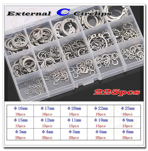 C-Clip Retaining Rings 50 Pack External Circlips Stainless Steel 304 with assorted sizes in storage case