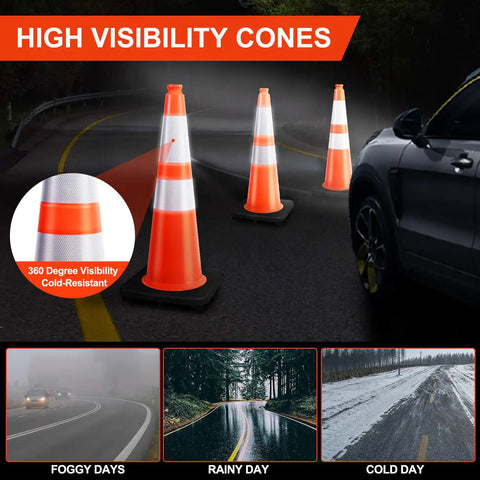 Eight 28 Inch Orange PVC Traffic Cones With Black Base, Heavy Duty Construction Safety Cones For Roadway And Parking in dark conditions