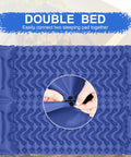 Blue ultralight sleeping pad with snap detail, showing connection of two pads, Ultralight Sleeping Pad With Built-In Pump For Camping And Hiking, Slim Compact Air Mattress With Carry Bag, Repair Kit, And Body Mapping Comfort, Durable Portable Air Pad For Outdoor Sleep, Blue.