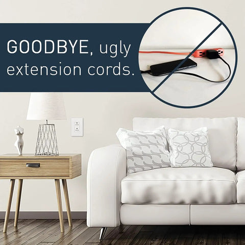 Living room with white sofa and visible extension cord, showcasing White In-Wall Power Outlet Relocation Kit 6 Foot In-Wall Outlet Extender.
