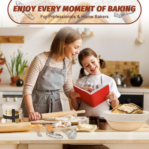 Mother and daughter using All In One Sourdough Starter Kit With Enamel Cast Iron Pot For Pro Style Bread Baking in kitchen setting