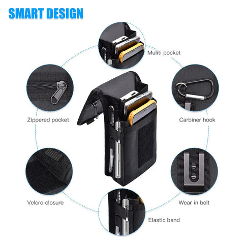 Dual Phone Holster For Work And Outdoors, Large Smartphone Pouch With Belt Clip Tool Pouch, showing features like pockets and hooks