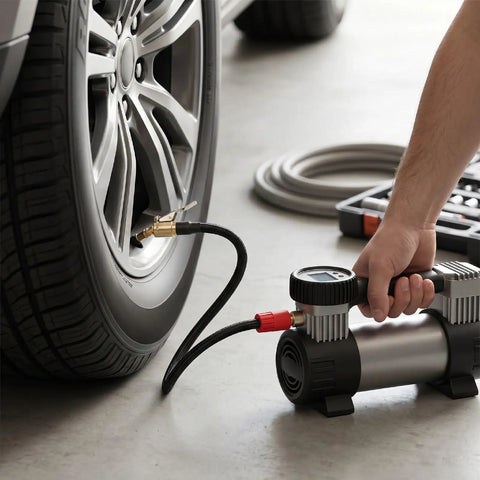 Heavy Duty Tire Inflator Extension Hose With Quick Connect Air Chuck Fits Cars Bikes EVs And Portable Air Compressor 40 CM Length, connected to car tire