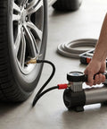 Heavy Duty Tire Inflator Extension Hose 40cm M6 Quick Connect Air Chuck Adapter connecting to car tire valve for inflation.
