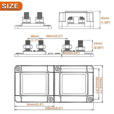 Rig Ready Beefed Up 400Amp 12 To 48Volt Tin Plated Copper Bus Bar dimensions and specifications diagram.