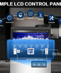 LCD control panel of a commercial ice maker delivers 110 lbs per day with quiet operation for home bar restaurant or coffee shop.