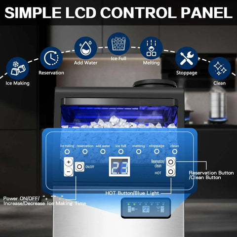 LCD control panel of a commercial ice maker delivers 110 lbs per day with quiet operation for home bar restaurant or coffee shop.