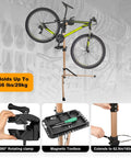 66 Lbs Bike Repair Stand With Pro Grade Clamp holding a bike, showcasing 360-degree rotatable clamp and adjustable height features.