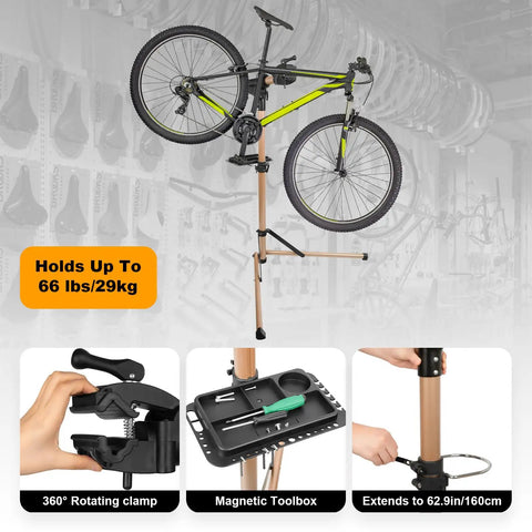66 Lbs Bike Repair Stand With Pro Grade Clamp holding a bike, showcasing 360-degree rotatable clamp and adjustable height features.