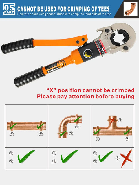 Hydraulic Copper Tube Fittings Crimping Tool With One Half Inch Three Quarter Inch And One Inch Jaw Sizes For Propress Copper Pipe Crimper Pressing Pliers Easy Leak Free Connections One Person Operation. Illustration showing correct and incorrect crimping positions.
