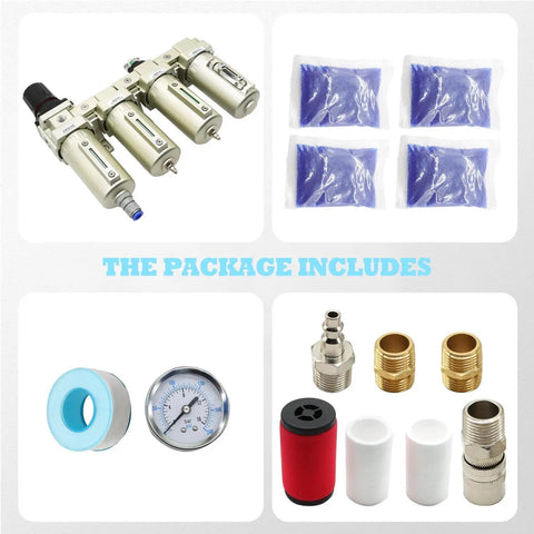 Industrial Four Stage Gas Drying System With Coalescing Filter And Desiccant Dryer Auto Drain For Paint Spray And Plasma Cutter Pro Grade Half Inch NPT Compressed Air Dryer Unit components including filter cartridges, gauge, fittings, and desiccant packs shown.