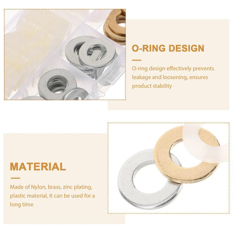 120 Piece O Ring And Flat Washer Kit With Nylon, Brass, And Zinc Plated M10x20 Spacers For Appliances And Electrical Connections Perfect For DIY Projects, Repairs, And Quick Home Upgrades. Close-up of nylon, brass, and zinc-plated washers