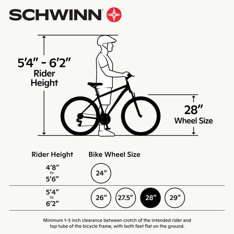 Size chart showing Hybrid Adventure Bike For Adults, 700c wheels, suits riders 5'4"-6'2", with 28" wheel size for ideal fit.