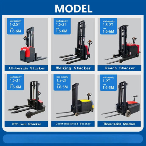 Various electric pallet stackers including All-terrain, Walking, Reach, Off-road, Counterbalanced and Three-point models.